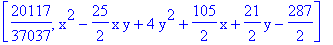 [20117/37037, x^2-25/2*x*y+4*y^2+105/2*x+21/2*y-287/2]